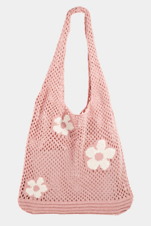 Knit Pink Flower Crochet Tote Bag