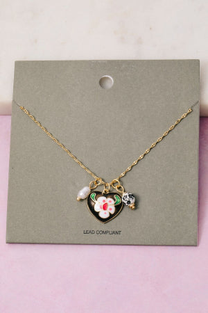 Enamel Heart and Ceramic Floral Necklace