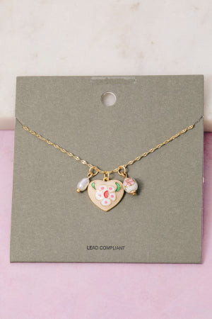 Enamel Heart and Ceramic Floral Necklace