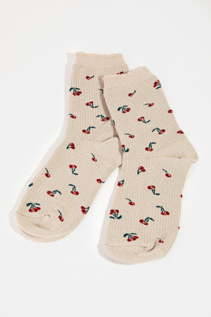 Beige Cherry Print Socks