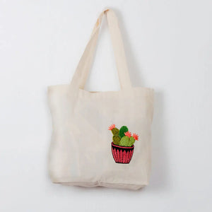 Potted Cactus Embroidered Tote