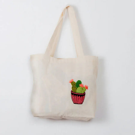 Potted Cactus Embroidered Tote