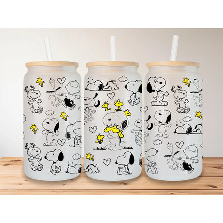 Snoopy 16oz Frosted Glass Can W/ Lid + Straw